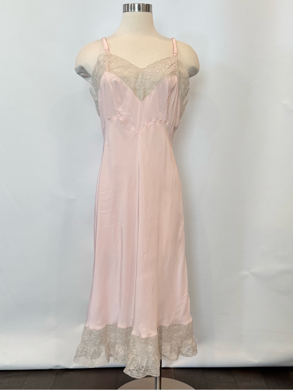 1940s Silky Rayon Pink Ivory Lace Skycharmer Skylon Vintage Full Slip Dress 18 L - Picture 11 of 13